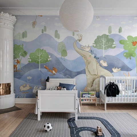 Fototapet, Elephant and Friends, Blue, Rebel Walls