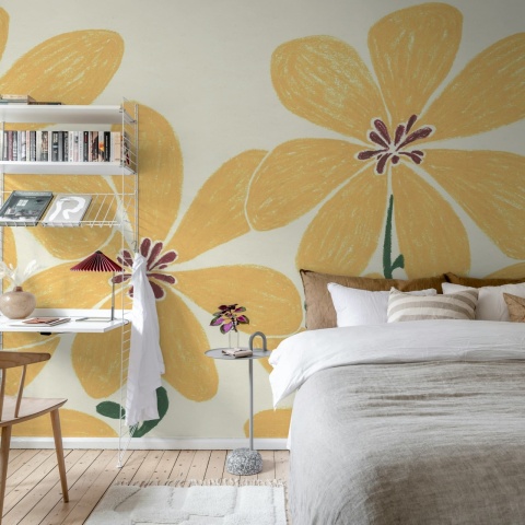 Fototapet, Sketched Flower, Yellow, Rebel Walls