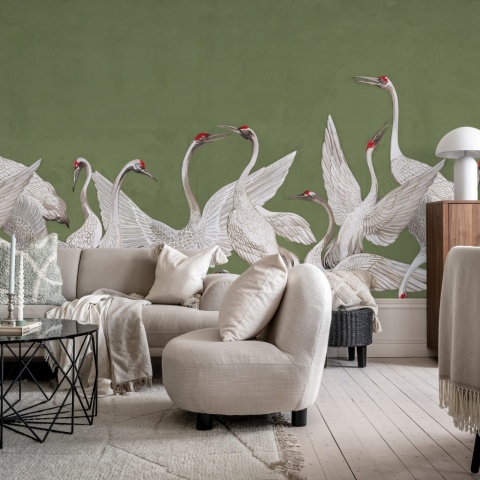 Fototapet, Soaring Cranes, Green, Rebel Walls