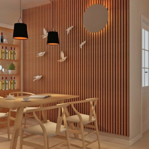 Panou riflaj acustic decorativ, MDF si pasla, AC13, 240x60x2.1cm, Stejar - Img 4
