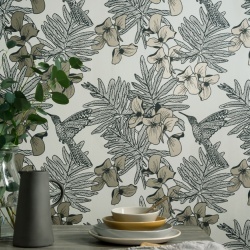 Tapet, Hummingbird, Jet Black and Metallic Luxury Bird, 1838 Wallcoverings, 5.3mp / rola
