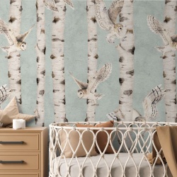 Fototapet Birch and Owls - Blue, Kikki Belle