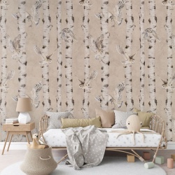Fototapet Birch and Owls - Beige, Kikki Belle - Img 5