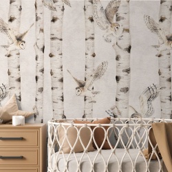 Fototapet Birch and Owls - White, Kikki Belle