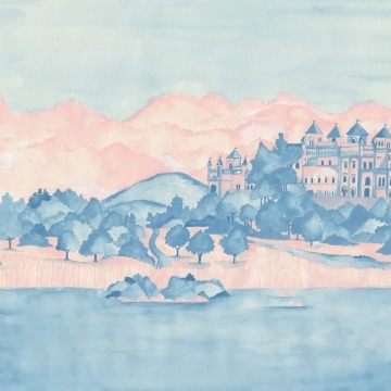 Fototapet, Castle by the Lake, Pink & Blue, Rebel Walls - Img 2