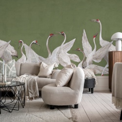 Fototapet, Soaring Cranes, Green, Rebel Walls