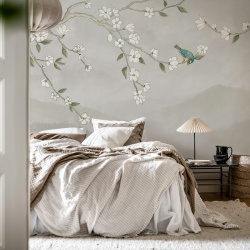Fototapet, Bird in Tree, White, Rebel Walls