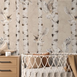 Fototapet Birch and Owls - Beige, Kikki Belle
