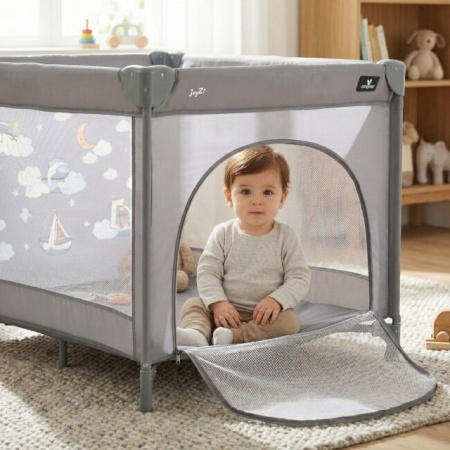 Joyzi Grey Bebi ogradica sa mrežastim stranicama i bočnim otvorom