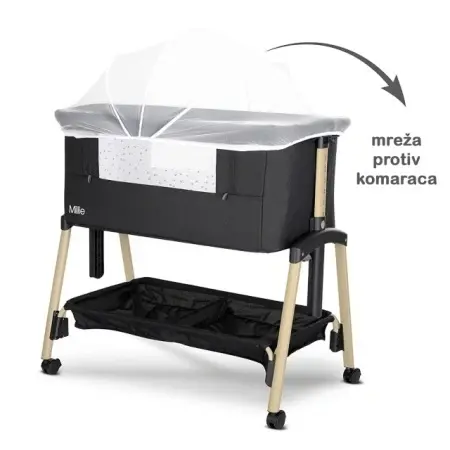 Lorelli MILLIE krevetac za bebe sa komarnikom i korpom za dodatke Black drveni efekti