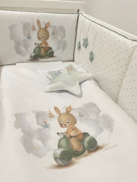 Deksi Posteljina za bebe 3 little friends Zeka na motoru Mint