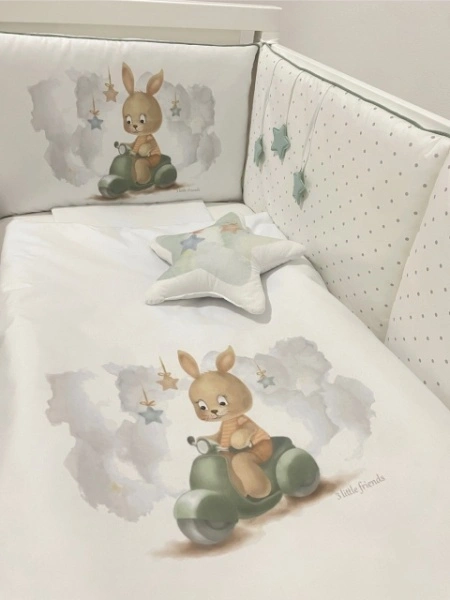 Deksi Posteljina za bebe 3 little friends Zeka na motoru Mint