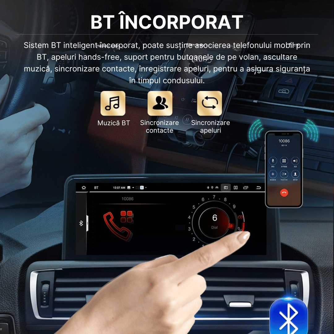 Navigație BMW cu Bluetooth integrat – apeluri hands-free, muzică wireless, sincronizare contacte și control de pe volan. Conectare rapidă și sigură!