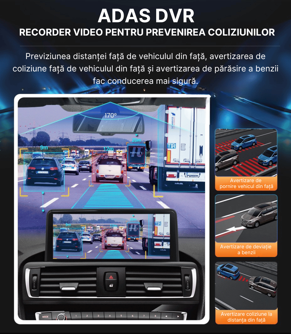 Navigație BMW cu ADAS DVR, avertizări pentru coliziuni, distanță frontală și părăsirea benzii. Conduce mai sigur și previne accidentele!