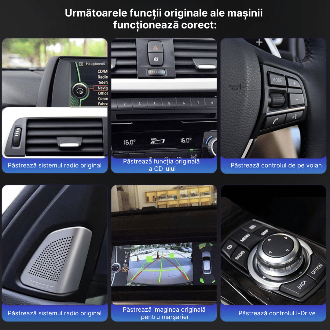 Navigație BMW compatibilă cu funcțiile originale: radio, CD, control pe volan, iDrive și cameră de marșarier