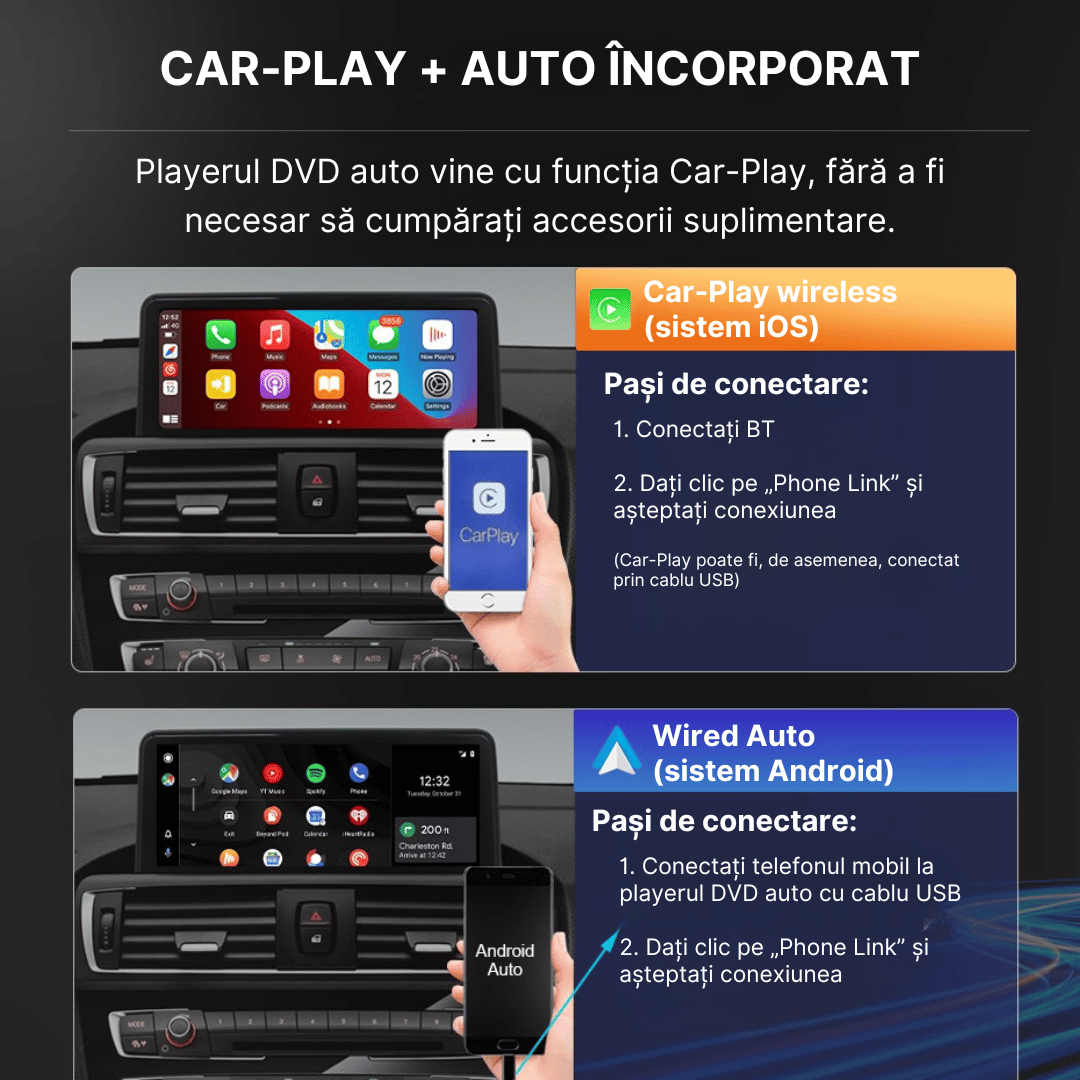 Navigație BMW cu CarPlay wireless pentru iOS și Android Auto prin USB. Conectare rapidă pentru acces la aplicațiile preferate.