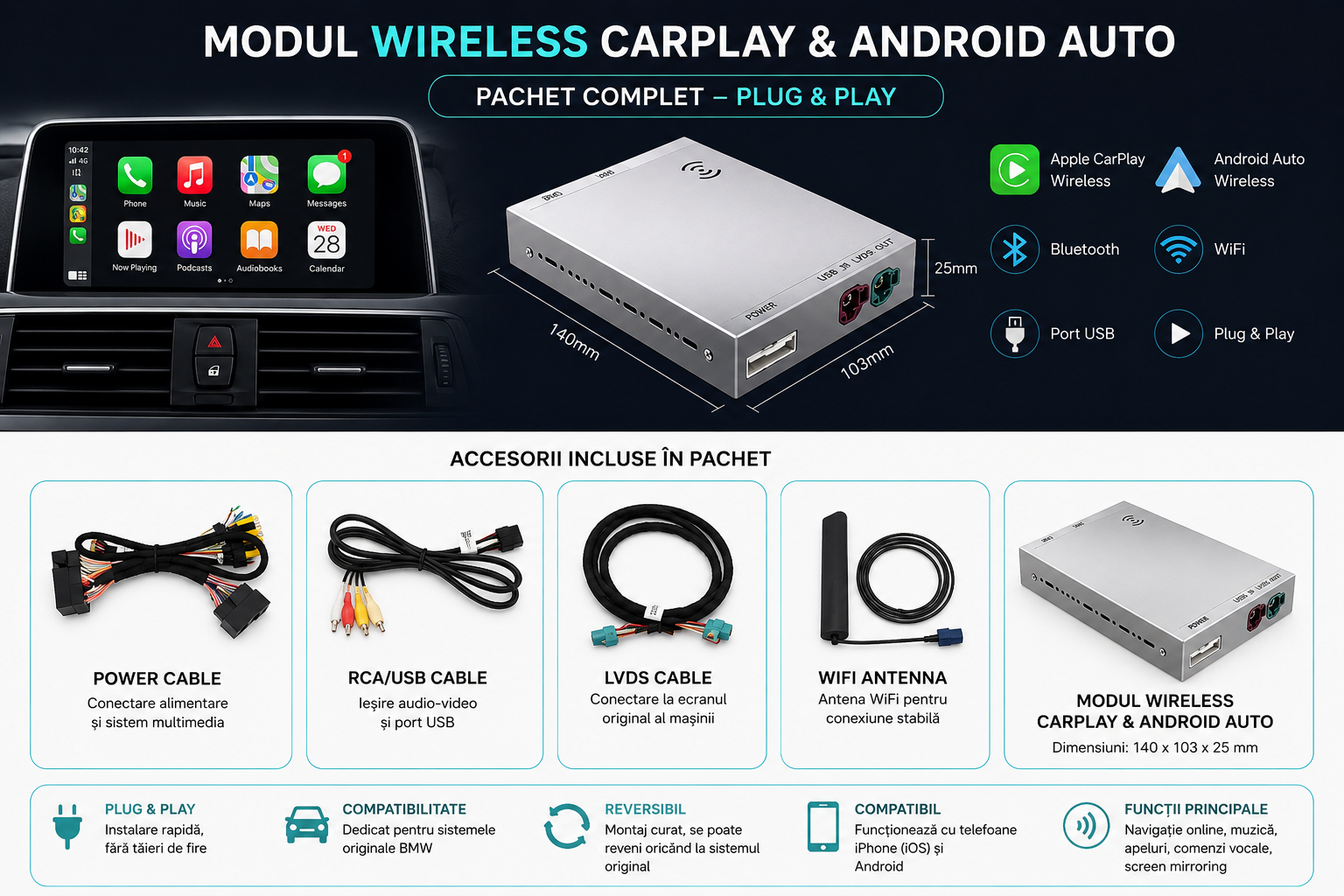 Pachet Plug and Play Modul CarPlay BMW Seria 7 G11 G12 2015-2019 NBT EVO