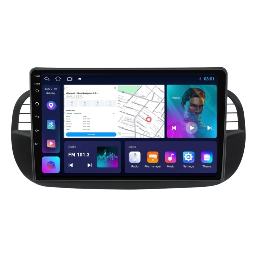Navigatie Fiat 500 (2007-2015) Negru cu Android, 2GB RAM, 32 GB, Ecran IPS 9" 1280 x 720, CarPlay & Android Auto, WiFi, Bluetooth, suport camera DVR