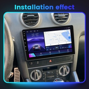 Navigatie Android QLED 9 inch instalata pe Audi A3 2003-2011, comparatie inainte si dupa montaj, interfata moderna cu Google Maps si Spotify