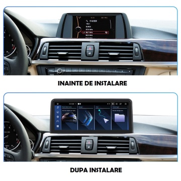 Navigație Android 10.25” pentru BMW Seria 3 (2012-2017), afișată atât individual, cât și instalată pe bordul mașinii. Display IPS Full HD, interfață modernă, compatibilitate cu CarPlay & Android Auto