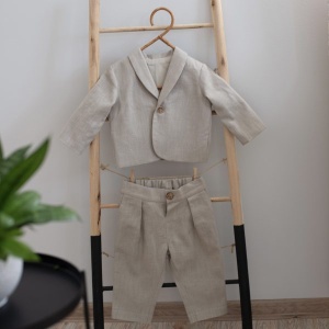 Costum botez băieți bej din in