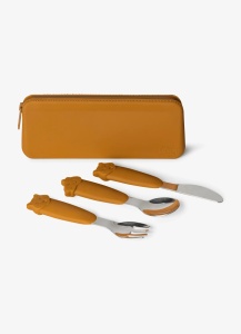 Set tacamuri din otel cu geanta portabila din silicon, caramel, model Tigru