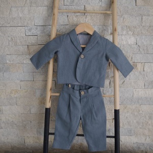 Costum botez băieți albastru din in