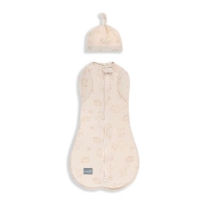 Săculeț Swaddle pentru infașat, din bumbac + căciulița – Second step Crem, cu animale