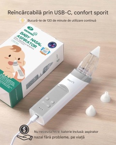Aspirator nazal electric reîncărcabil pentru bebeluși – 3 niveluri de aspirare, muzică și lumină, 3 capete din silicon - Img 2