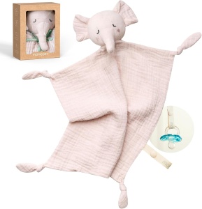 Doudou elefant roz din muselină 100% bumbac – jucărie de atașament pentru bebeluși