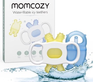 Inel de dentiție răcoritor pentru bebeluși Momcozy – Galben & Albastru