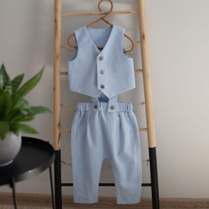 Costum botez baieți albastru vestă cu pantaloni