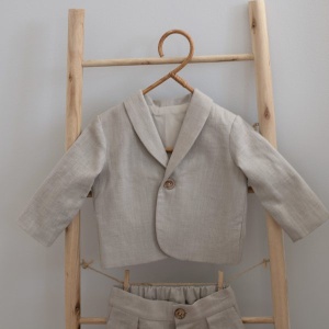 Costum botez băieți bej din in - Img 3