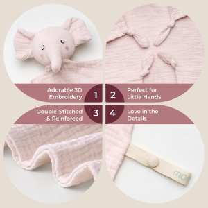 Doudou elefant roz din muselină 100% bumbac – jucărie de atașament pentru bebeluși - Img 6