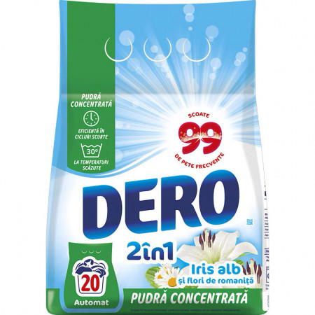Detergent Pudra Automat pentru Rufe DERO 2in1 Iris Alb 1.5Kg - 20 Spalari