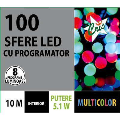 Instalatie de Craciun pentru Interior Sfere Lumina Multicolora Calda 10M 100 Led-uri 8 Programe