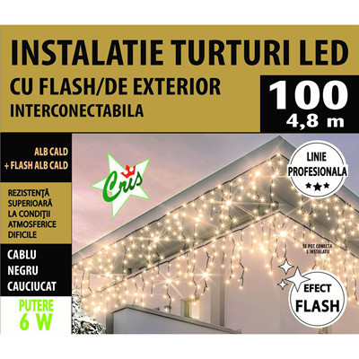 Perdea Intalatie Luminoasa cu Turturi pentru Interior si Exterior Alb Cald 4.8m 100 Leduri, Interconectabila, Efect Flash