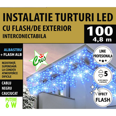 Perdea Intalatie Luminoasa cu Turturi pentru Interior si Exterior Albastra 4.8m 100 Leduri, Interconectabila, Efect Flash