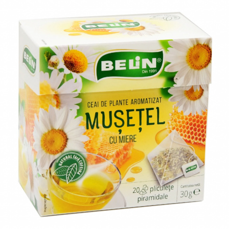 BELIN Piramide Ceai de Musetel cu Miere - Ceai de Plante Aromatizat - 20 Plicuri x 1.5g