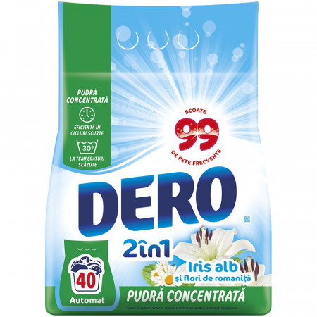 Detergent Pudra Automat pentru Rufe DERO 2in1 Iris Alb 3Kg - 40 Spalari