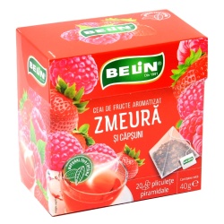 BELIN Piramide Ceai de Zmeura si Capsuni - Ceai de Fructe Aromatizat - 20 Plicuri x 2g