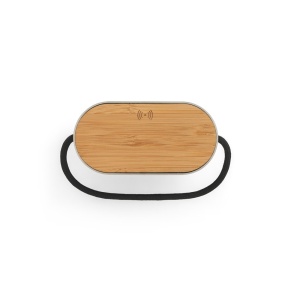 GUETTA. Difuzor portabil de 5W cu încărcător wireless super-rapid de 15W și autonomie a bateriei de 2h, fabricat din bambus și 100% rPET - materiale promoționale personalizate pentru branding și cadouri corporate