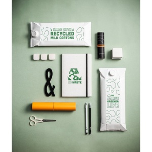 MILKY. Notebook A5 confecționat din cutii de lapte reciclate - materiale promoționale personalizate pentru branding și cadouri corporate