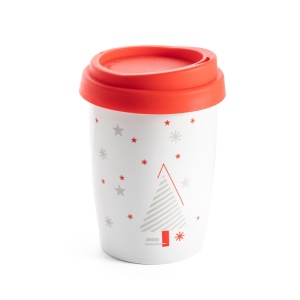 Pahar de călătorie HAZARD din porțelan decorat cu motive de Crăciun, pereți dubli și capac din silicon, livrat în cutie personalizată, 280 mL