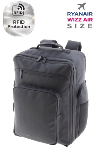 Rucsac avion 40x30x20/25 cm extensibil, bagaj de mână Wizz Air/Ryanair, 26/28L, poliester impermeabil, cu protecție RFID, 16 inch, Vogart Sync, negru