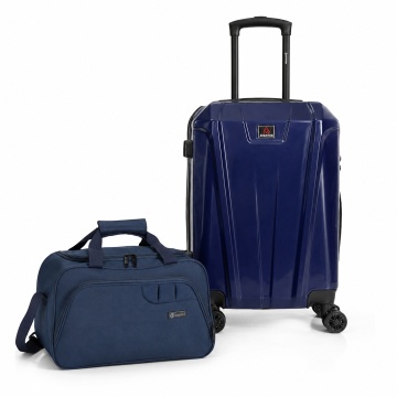 Set Troler de cabină Aventor + Geantă voiaj Benzi 40x25x20 cm, Bleumarin