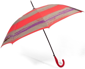 Umbrelă de ploaie Benzi clasică, tip baston, de culoare roșie cu mov si maro, cu mâner curbat negru, ideală pentru protecție împotriva ploii, design elegant și rezistent, deschisă.