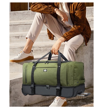 Geanta de voiaj cu role Lee Cooper, 2 compartimente, poliester 600D/bumbac, 98L, 70 cm, kaki - Img 7