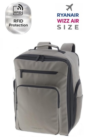 Rucsac avion 40x30x20/25 cm extensibil, bagaj de mână Wizz Air/Ryanair, 26/28L, poliester impermeabil, cu protecție RFID, 16 inch, Vogart Sync, bej