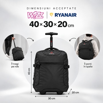 Rucsac cu Role Aventor 40x30x20 cm, Wizz Air/Ryanair, Extensibil, 24 L, Poliester Impermeabil, AV203, Negru - Img 2